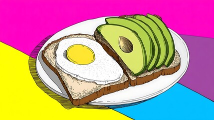 Illustration of avocado slices and fried egg on toast, served on a plate