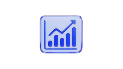 Gradient blue purple glassmorphism financial chart icon floating isolated on a clean white background for modern app UI design with soft light reflections.