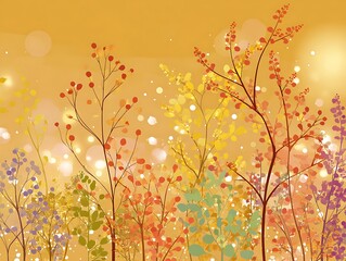 Illustration of colorful stylized plants with berries and leaves against a blurred background