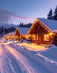 Cozy Winter Cabins at Twilight: Charming wooden cabins in a snow-covered landscape, adorned with warm lights, under a twilight sky, creating a scene of warmth and tranquility.