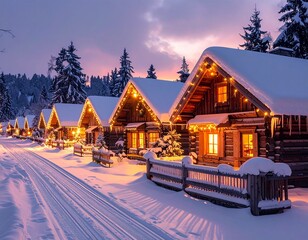 Winter Wonderland Village: A quaint village nestled in a winter wonderland, where cozy cabins glow with warm lights under a blanket of snow.