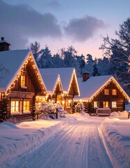 Winter Wonderland Cabin: A cozy cabin scene, a snowy road leads to inviting cabins adorned with twinkling lights. The ambiance of this winter scene, evoking a sense of warmth and festive cheer.