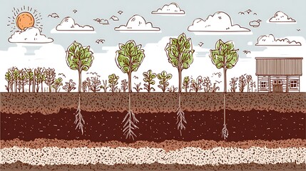 Illustrative diagram of soil layers, various plants, a sun, clouds, and a small house