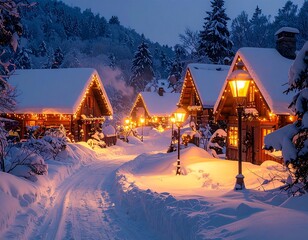 Winter Wonderland Village: Illuminated wooden houses nestled in a snow-covered landscape, the warm glow of street lamps and decorative lights creating a magical atmosphere