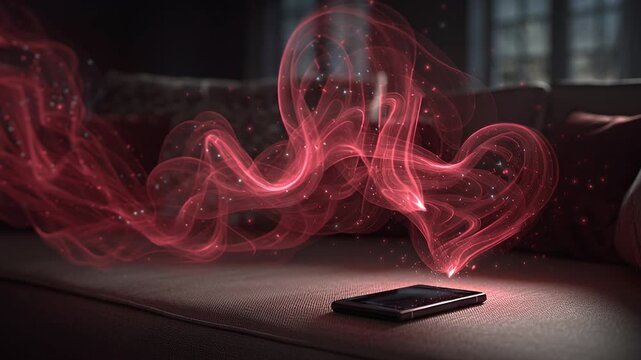 4k video of a heart smoke effect on the phone. Concept of dating app and Valentine's Day.