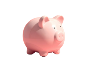 A glossy pink ceramic piggy bank isolated on a black background.