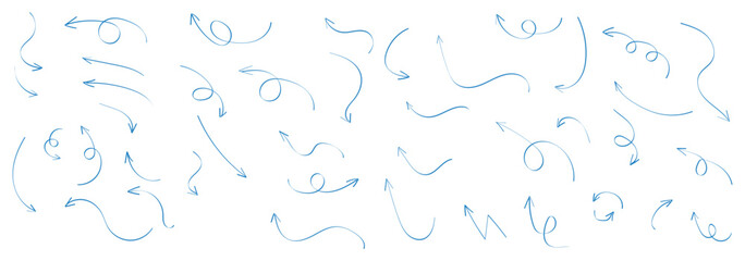 Hand drawn line arrows icons set collection. Arrow vector elements hand drawn arrows brush stroke curly arrow collection. Vector illustration isolated on white background. 