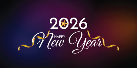 Happy New Year 2026 Elegant Script Typography with Golden Ribbon on Dark Gradient