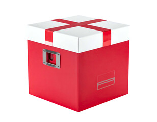 A red cube storage container with a white lid and red cross wrap