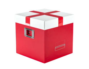 A red cube storage container with a white lid and red cross wrap