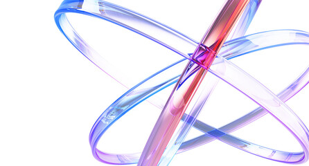 Blue science and tech 3d background with glass holographic transparent circle lines. Iridescent abstract structure of atom with purple red gradient for physics and chemistry design