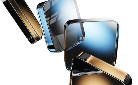 Black 3d background. Iridescent glass transparent square plate shapes with blue brown gradient. Abstract geometric crystal block pattern. Data array, futuristic digital tech banner