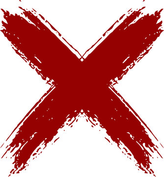 A striking red x mark with a textured brushstroke style on black background