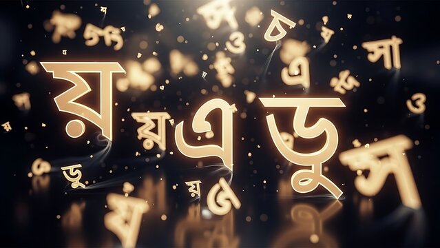 Golden glowing Bengali alphabet letters floating in a dark background with sparkles