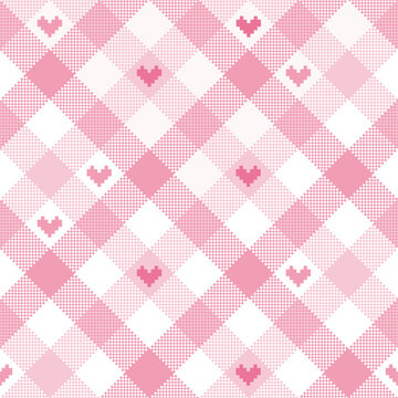 Pink seamless valentine's day pattern with hearts, gingham and grids. Vector Illustration for print.