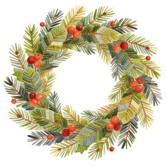 A charming holiday wreath of evergreen boughs, adorned with vibrant red berries, captures the essence of winter festivity and festive cheer.