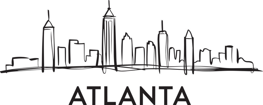 Atlanta skyline vector illustration outline drawing with city name, famous buildings landmarks