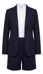 Charcoal gray pinstripe shorts suit featuring a long blazer and cuffed shorts.