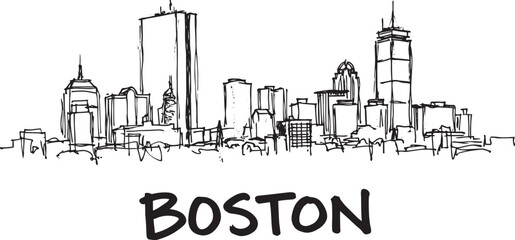 Boston skyline vector illustration outline drawing with city name, famous buildings landmarks © Bakalia