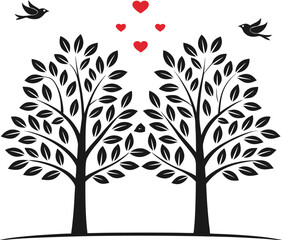 Obraz premium Two Trees with Hearts and Birds love flying