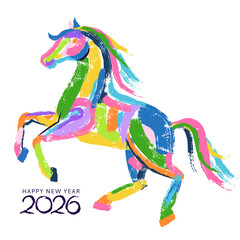 Vector watercolor horse, 2026 New Year illustration. Holiday print design for banner, poster, greeting card, invitation