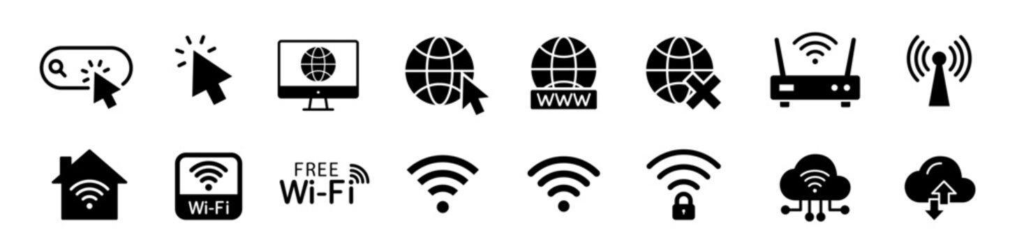 Internet icon set. Website and Wi-Fi symbol. Vector illustration.