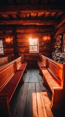 Interior view of a rustic, wooden church with sunlight streaming through a window