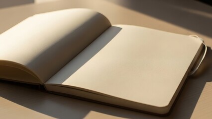 An inviting open notebook displays blank, cream-colored pages bathed in gentle sunlight, a pristine canvas ready for fresh ideas, creative thoughts, and plans
