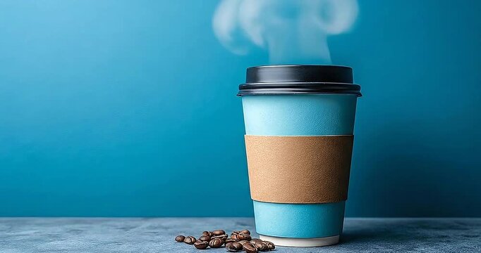 Close-up Video Clip of a Light Blue Coffee Cup with a Cardboard Sleeve and Roasted Coffee Beans on a Textured Gray Surface Against a Vibrant Teal Background, Cinematic