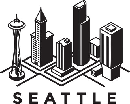 Seattle skyline illustration with space needle and tall buildings in isometric view black and white