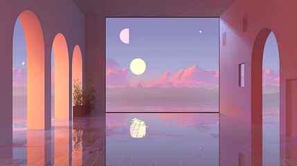 Interior view of arches overlooking a serene scene with celestial bodies and reflective flooring