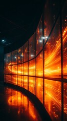 Interior view of curved glass windows, reflecting an abstract, fiery orange, light-streaked scene