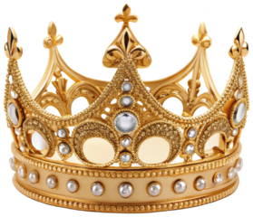 Intricately detailed and ornate golden crown, crafted from a shimmering metallic material with embedded pearl-like accents and elaborate filigree patterns,, isolated on transparent background.