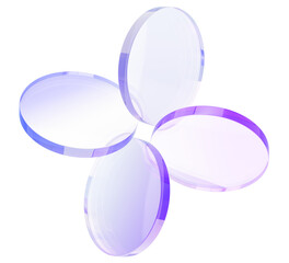 Naklejka premium Abstract flower with petals of glass holographic round discs. Iridescent geometric figure of transparent circular disks. Crystal plate shapes with purple gradient on light blue bg