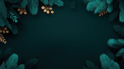 A vector Christmas background with dark green pine branches and golden berries on the edges featuring a flat design and dark blue gradient.