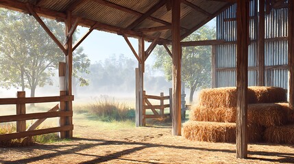 Interior view of rustic barn with hay bales, wooden fence, and misty field