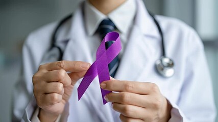 4k video of a doctor holding a purple ribbon for Epilepsy Awareness Day.