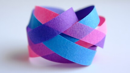 Intertwined colorful paper strips, forming an abstract three-dimensional woven shape