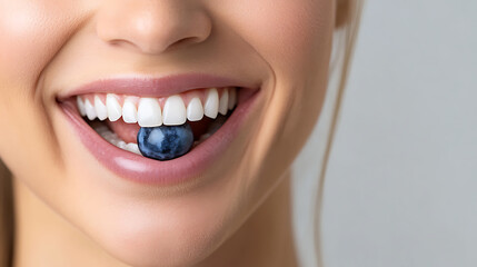 A close up shot shows a smile, highlighting the white teeth. The person bites on a round, dark berry between their teeth. The focus is on dental care and healthy eating.