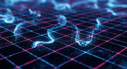 Abstract glowing particles forming trails on a digital grid