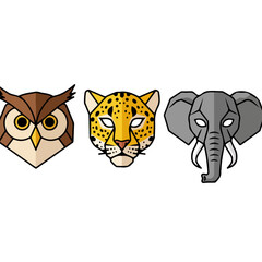 Modern geometric animal heads vector art, featuring an owl, leopard, and elephant, minimalist design style