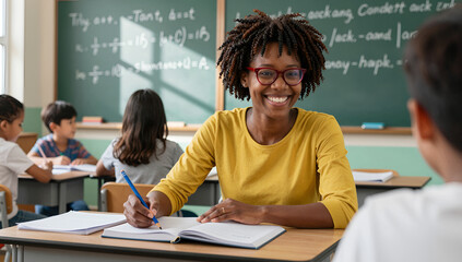 African american teacher smiling in diverse classroom