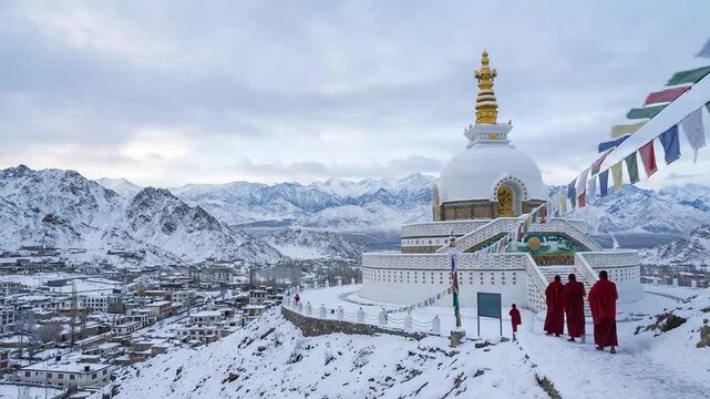 monastery, shanti stupa leh ladakh covered in snow, india video 