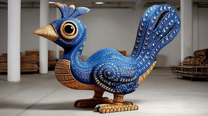 Intricately designed wooden bird sculpture with vibrant blue and gold patterns, set in warehouse