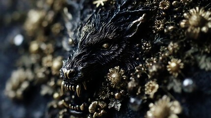 Intricate close-up of a wolf sculpture amidst golden floral embellishments