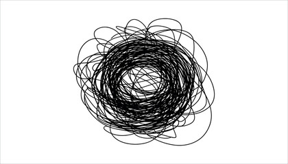 Black scribbled lines forming a dense circular pattern on a white background abstract line black and white