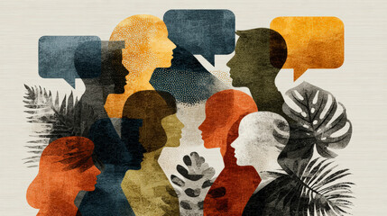 Illustration of diverse silhouettes with colorful speech bubbles indicating a multicultural dialogue or discussion, emphasizing communication and diversity.