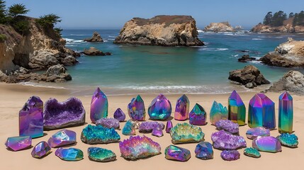 Iridescent crystals are displayed on a sandy beach with rocks and ocean in the background