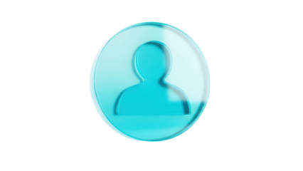 Gradient cyan frosted glassmorphism user profile icon floating isolated on a clean white background for modern app UI design with soft light reflections.