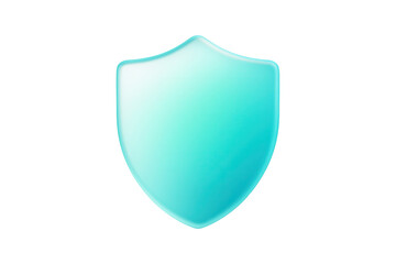 Gradient cyan frosted glassmorphism security shield icon floating isolated on a clean white background for modern app UI design with soft light reflections.
